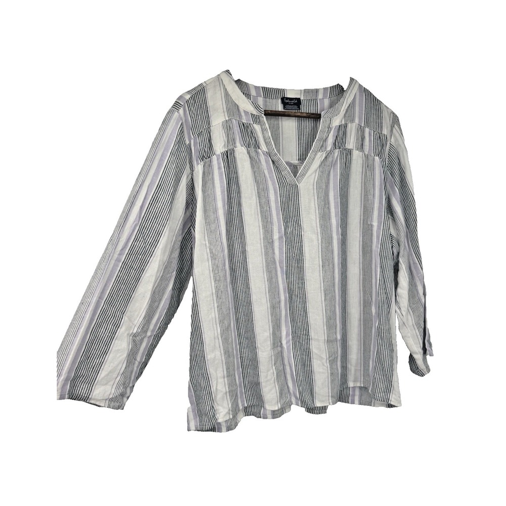 Splendid Gray Purple Striped Linen 3/4 Sleeve Blouse XL beachy coastal cottage